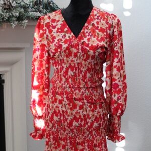 Red Floral Fitted Long Sleeve Summer Dress Size Large In Good Condition